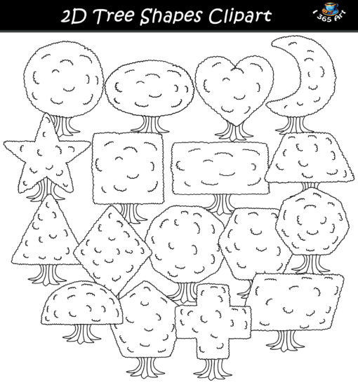 2D tree shapes clipart black and white