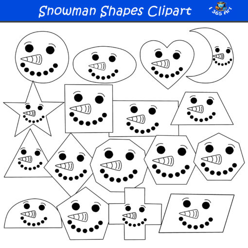 2D snowman shapes clipart black and white